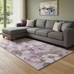 HomeRoots 8' X 10' Elegant Plum & Ivory Floral Washable Area Rug with Stain Resistance & UV Protection 657309