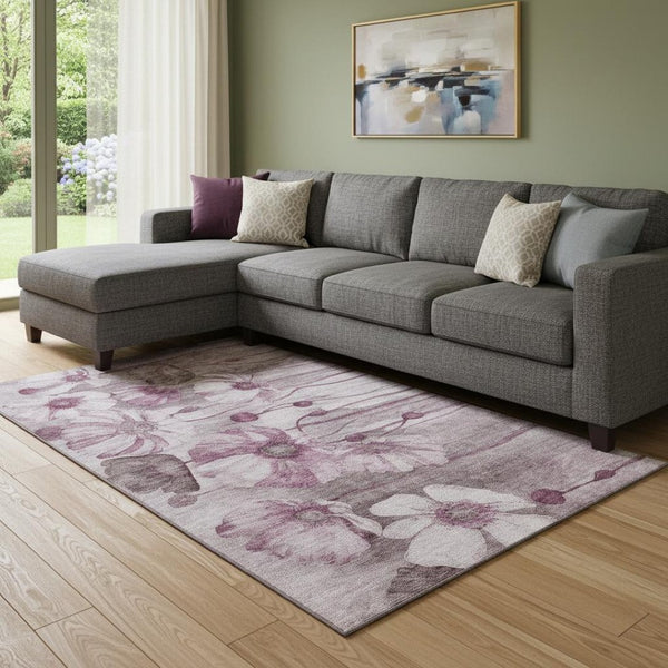 HomeRoots 8' X 10' Elegant Plum & Ivory Floral Washable Area Rug with Stain Resistance & UV Protection 657309