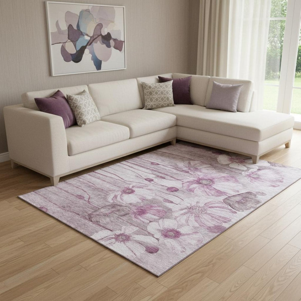 HomeRoots 9' X 12' Floral Area Rug in Plum & Ivory - Washable, UV-Protected, Stain-Resistant & Stylish Decor 657310