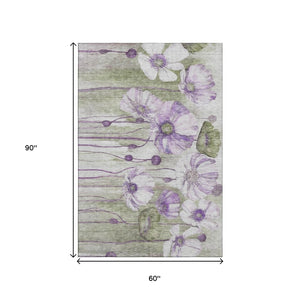 HomeRoots 5' X 8' Floral Area Rug in Purple, Green & Ivory - Washable, Stain Resistant, UV Protected Design 657313