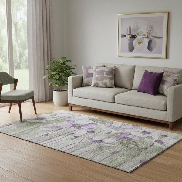 HomeRoots 5' X 8' Floral Area Rug in Purple, Green & Ivory - Washable, Stain Resistant, UV Protected Design 657313