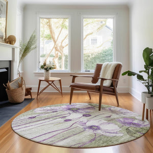 HomeRoots 8' Floral Washable Round Rug in Purple, Green & Ivory – Durable, UV-Protected & Pet-Friendly Design! 657314