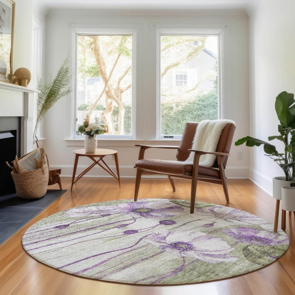 HomeRoots 8' Floral Washable Round Rug in Purple, Green & Ivory – Durable, UV-Protected & Pet-Friendly Design! 657314