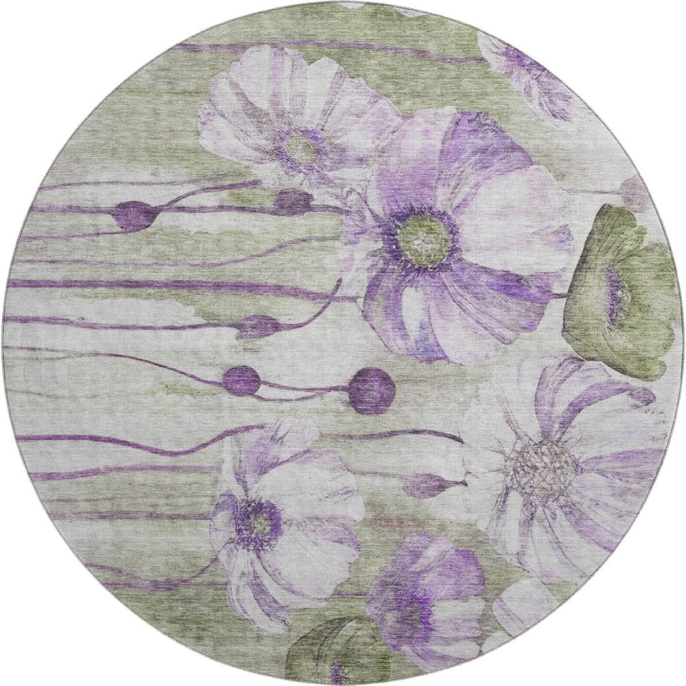 HomeRoots 8' Floral Washable Round Rug in Purple, Green & Ivory – Durable, UV-Protected & Pet-Friendly Design! 657314