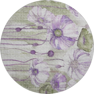 HomeRoots 8' Floral Washable Round Rug in Purple, Green & Ivory – Durable, UV-Protected & Pet-Friendly Design! 657314
