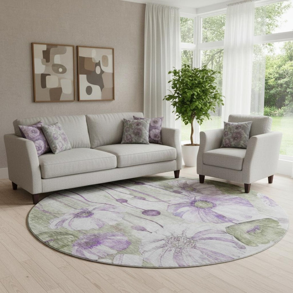 HomeRoots 8' Floral Washable Round Rug in Purple, Green & Ivory – Durable, UV-Protected & Pet-Friendly Design! 657314