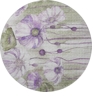 HomeRoots 8' Floral Washable Round Rug in Purple, Green & Ivory – Durable, UV-Protected & Pet-Friendly Design! 657314