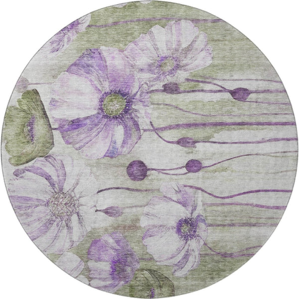 HomeRoots 8' Floral Washable Round Rug in Purple, Green & Ivory – Durable, UV-Protected & Pet-Friendly Design! 657314
