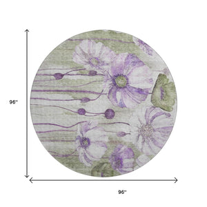 HomeRoots 8' Floral Washable Round Rug in Purple, Green & Ivory – Durable, UV-Protected & Pet-Friendly Design! 657314