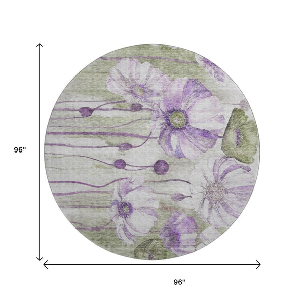 HomeRoots 8' Floral Washable Round Rug in Purple, Green & Ivory – Durable, UV-Protected & Pet-Friendly Design! 657314