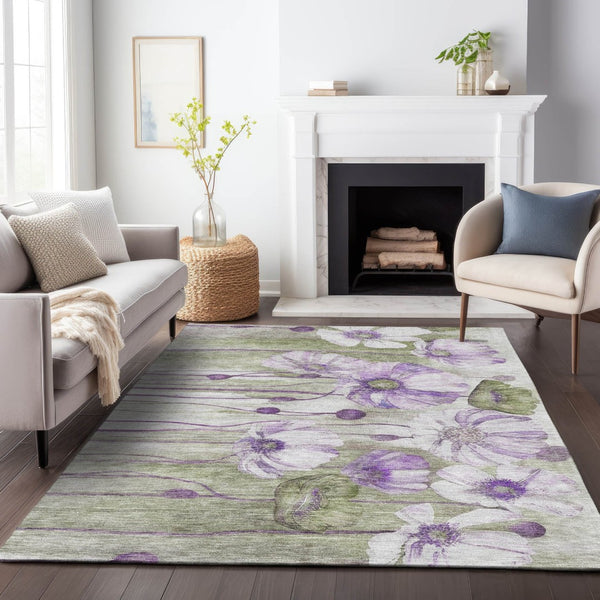 HomeRoots 8' X 10' Washable Floral Area Rug in Purple, Green & Ivory – UV Protected, Stain-Resistant Charm 657315