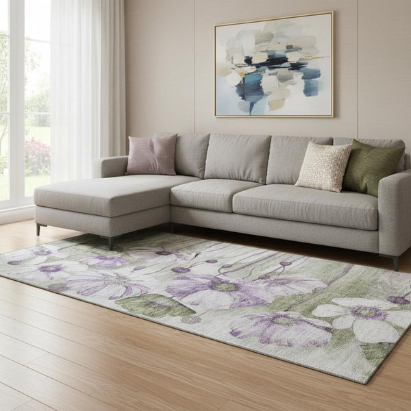 HomeRoots 8' X 10' Washable Floral Area Rug in Purple, Green & Ivory – UV Protected, Stain-Resistant Charm 657315
