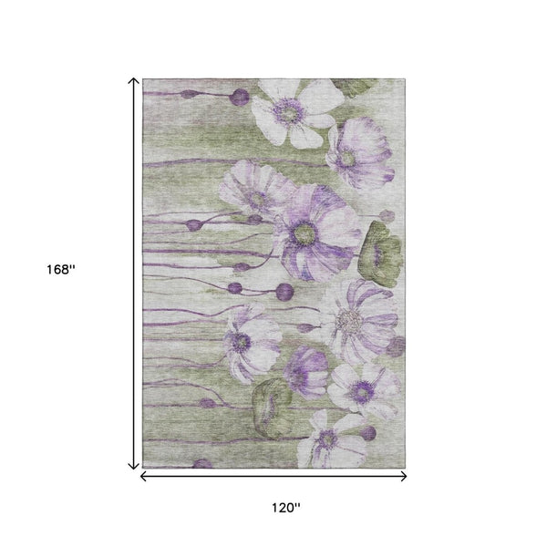 HomeRoots 10' Washable Floral Area Rug in Purple, Green & Ivory - Durable, Stain-Resistant, UV Protected Design 657317