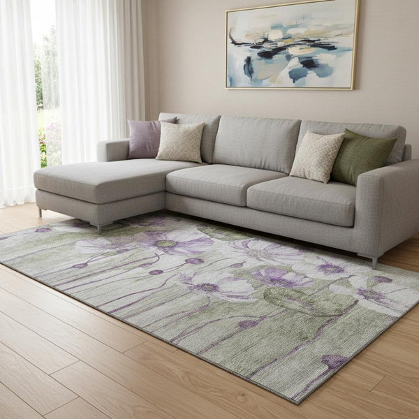 HomeRoots 10' Washable Floral Area Rug in Purple, Green & Ivory - Durable, Stain-Resistant, UV Protected Design 657317