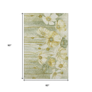 HomeRoots 5' X 8' Floral Area Rug in Sage, Gold, Ivory - Washable, UV Protected, Stain-Resistant Design! 657319