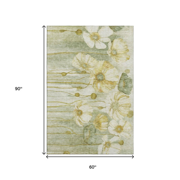 HomeRoots 5' X 8' Floral Area Rug in Sage, Gold, Ivory - Washable, UV Protected, Stain-Resistant Design! 657319