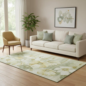 HomeRoots 5' X 8' Floral Area Rug in Sage, Gold, Ivory - Washable, UV Protected, Stain-Resistant Design! 657319