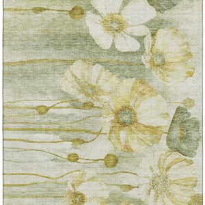 HomeRoots 5' X 8' Floral Area Rug in Sage, Gold, Ivory - Washable, UV Protected, Stain-Resistant Design! 657319