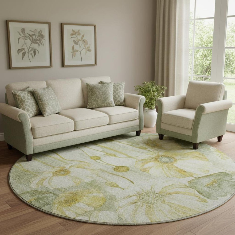 HomeRoots 8' Sage Gold and Ivory Floral Round Rug - Durable, Washable, UV-Protected for Stylish Living Spaces 657320