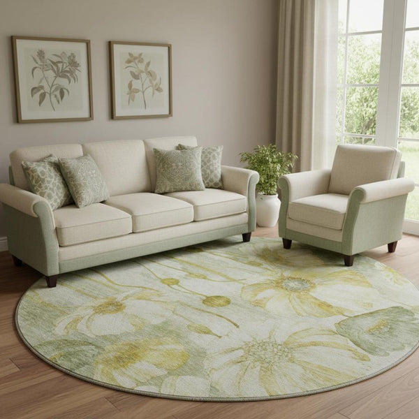 HomeRoots 8' Sage Gold and Ivory Floral Round Rug - Durable, Washable, UV-Protected for Stylish Living Spaces 657320