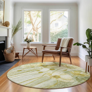 HomeRoots 8' Sage Gold and Ivory Floral Round Rug - Durable, Washable, UV-Protected for Stylish Living Spaces 657320