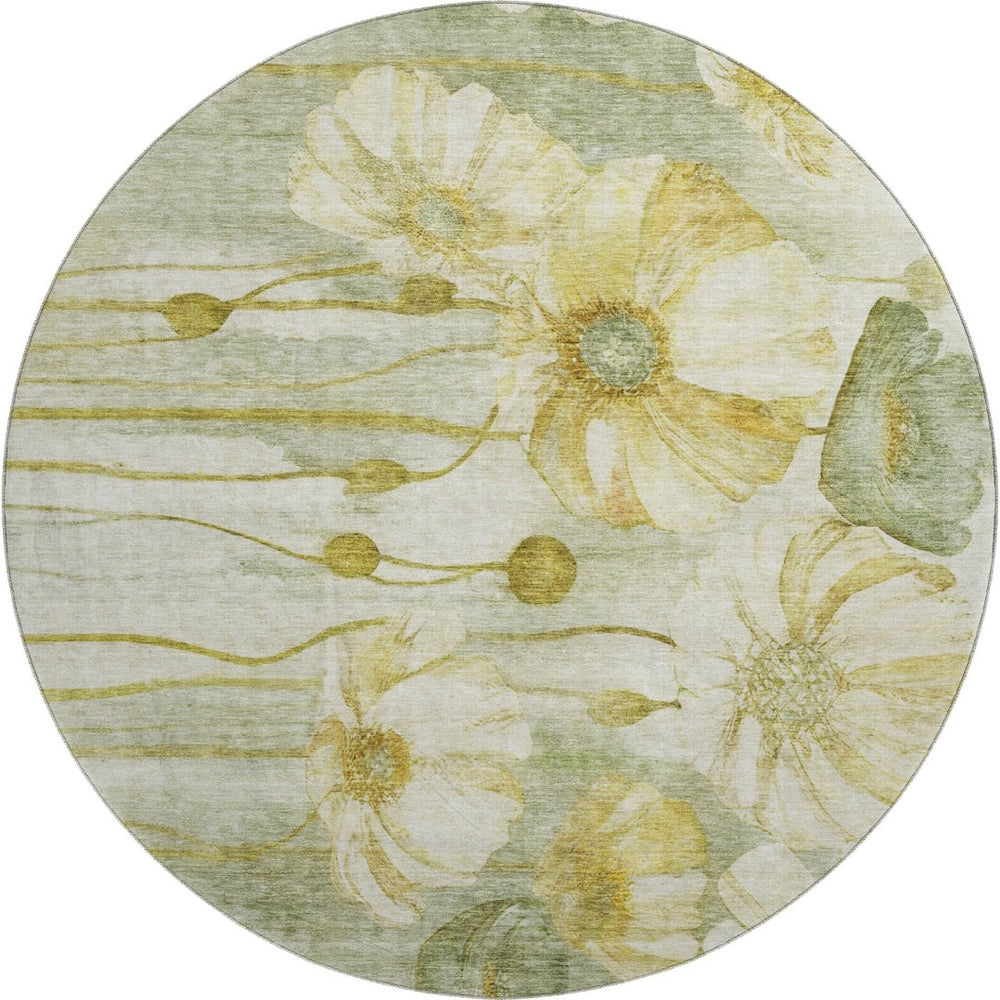 HomeRoots 8' Sage Gold and Ivory Floral Round Rug - Durable, Washable, UV-Protected for Stylish Living Spaces 657320