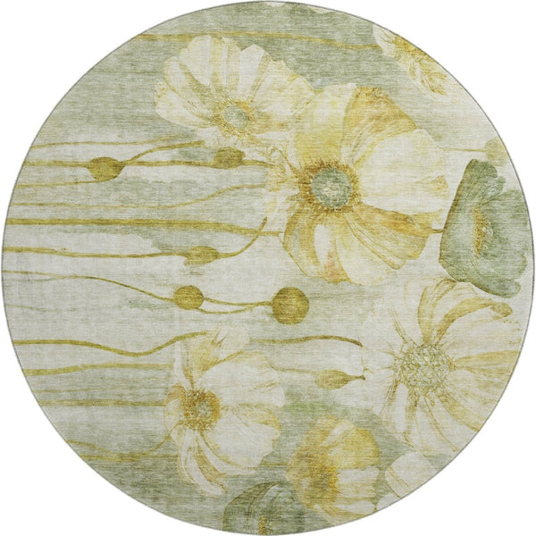 HomeRoots 8' Sage Gold and Ivory Floral Round Rug - Durable, Washable, UV-Protected for Stylish Living Spaces 657320
