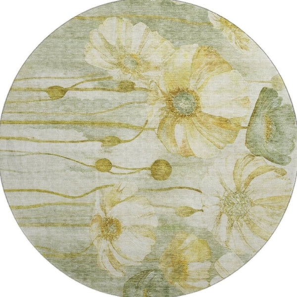 HomeRoots 8' Sage Gold and Ivory Floral Round Rug - Durable, Washable, UV-Protected for Stylish Living Spaces 657320