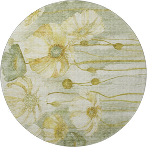HomeRoots 8' Sage Gold and Ivory Floral Round Rug - Durable, Washable, UV-Protected for Stylish Living Spaces 657320