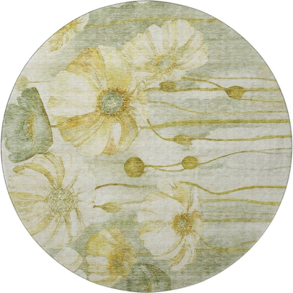 HomeRoots 8' Sage Gold and Ivory Floral Round Rug - Durable, Washable, UV-Protected for Stylish Living Spaces 657320