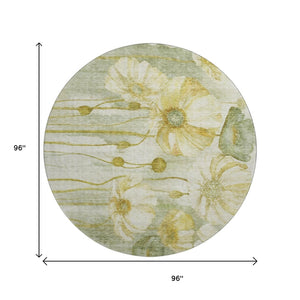 HomeRoots 8' Sage Gold and Ivory Floral Round Rug - Durable, Washable, UV-Protected for Stylish Living Spaces 657320
