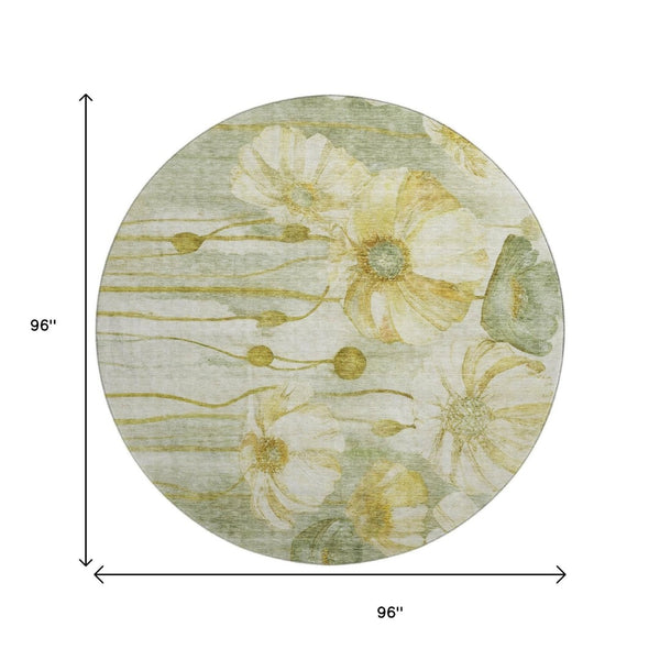 HomeRoots 8' Sage Gold and Ivory Floral Round Rug - Durable, Washable, UV-Protected for Stylish Living Spaces 657320