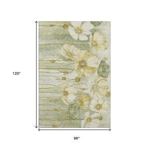 HomeRoots 8' X 10' Sage Gold Ivory Floral Area Rug - Washable, Stain-Resistant, UV Protected for Any Room 657321