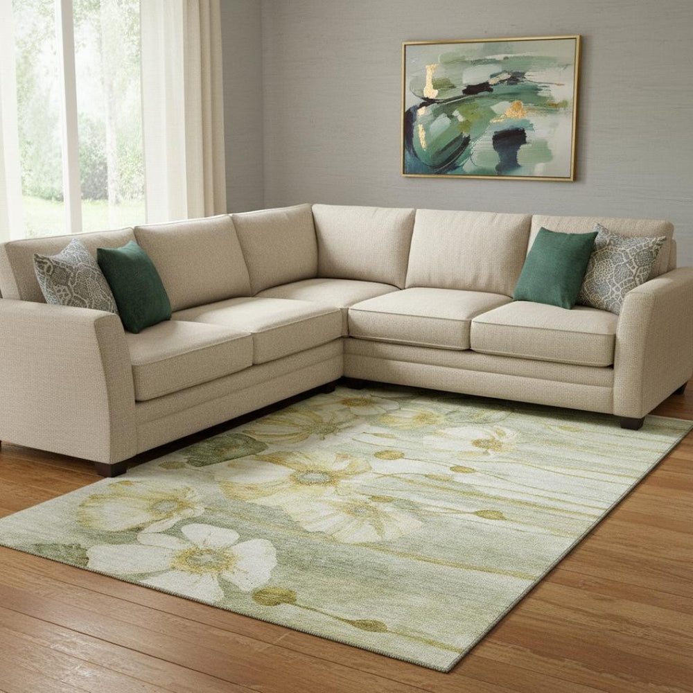 HomeRoots 8' X 10' Sage Gold Ivory Floral Area Rug - Washable, Stain-Resistant, UV Protected for Any Room 657321