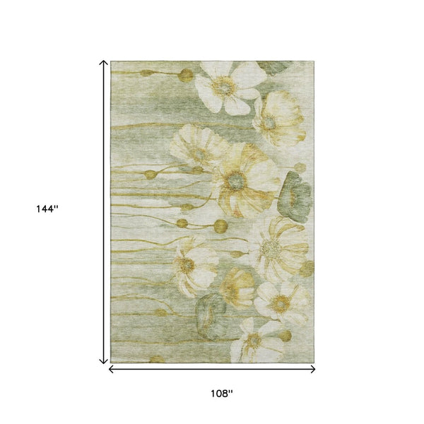 HomeRoots 9' X 12' Floral Area Rug in Sage, Gold & Ivory - Washable, UV Protected, Stain Resistant Design 657322