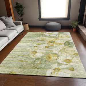 HomeRoots 9' X 12' Floral Area Rug in Sage, Gold & Ivory - Washable, UV Protected, Stain Resistant Design 657322