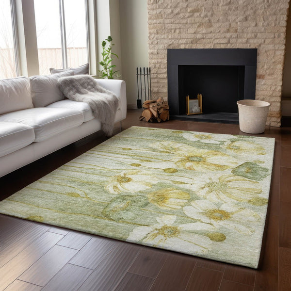 HomeRoots 9' X 12' Floral Area Rug in Sage, Gold & Ivory - Washable, UV Protected, Stain Resistant Design 657322