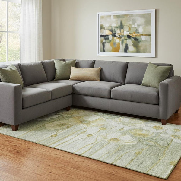 HomeRoots 9' X 12' Floral Area Rug in Sage, Gold & Ivory - Washable, UV Protected, Stain Resistant Design 657322