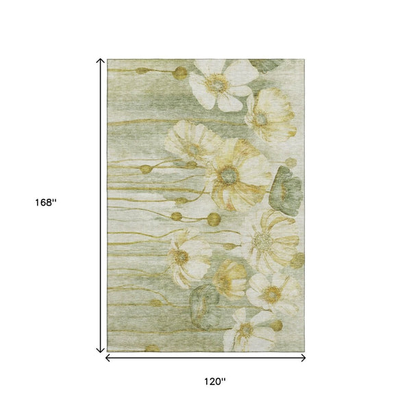 HomeRoots 10' X 14' Elegant Sage Gold Ivory Floral Washable Area Rug with UV Protection for Busy Homes 657323