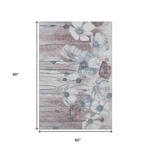 HomeRoots 5' X 8' Teal Mauve Floral Area Rug – Stain-Resistant & UV-Protected for Homes with Kids & Pets! 657325