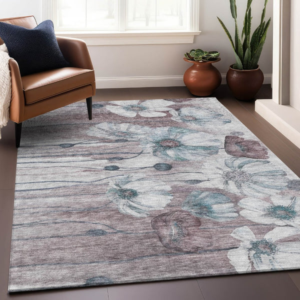 HomeRoots 5' X 8' Teal Mauve Floral Area Rug – Stain-Resistant & UV-Protected for Homes with Kids & Pets! 657325