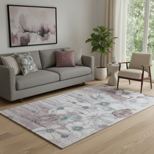 HomeRoots 5' X 8' Teal Mauve Floral Area Rug – Stain-Resistant & UV-Protected for Homes with Kids & Pets! 657325
