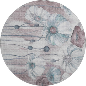 HomeRoots 8' Teal Mauve and Ivory Floral Washable Round Rug - Stylish, Durable, UV-Protected for Every Space! 657326