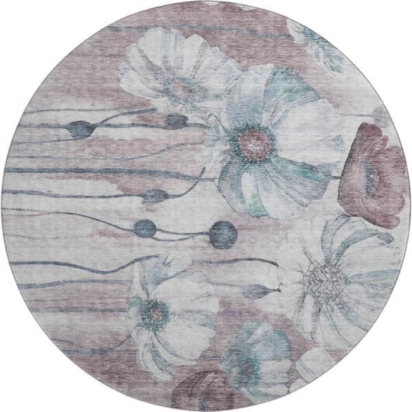 HomeRoots 8' Teal Mauve and Ivory Floral Washable Round Rug - Stylish, Durable, UV-Protected for Every Space! 657326