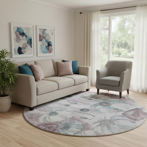 HomeRoots 8' Teal Mauve and Ivory Floral Washable Round Rug - Stylish, Durable, UV-Protected for Every Space! 657326