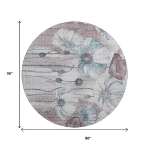 HomeRoots 8' Teal Mauve and Ivory Floral Washable Round Rug - Stylish, Durable, UV-Protected for Every Space! 657326