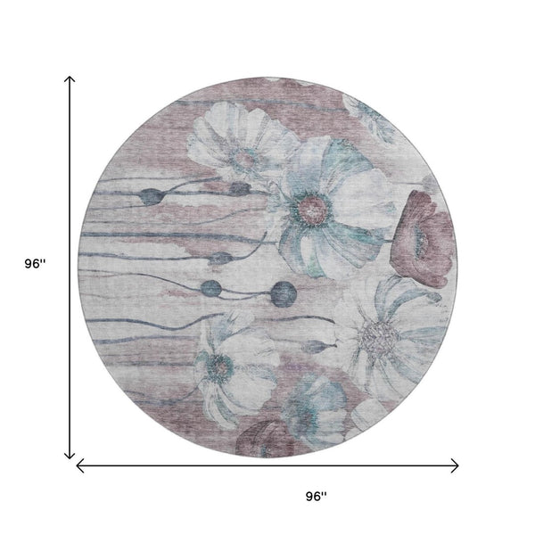 HomeRoots 8' Teal Mauve and Ivory Floral Washable Round Rug - Stylish, Durable, UV-Protected for Every Space! 657326