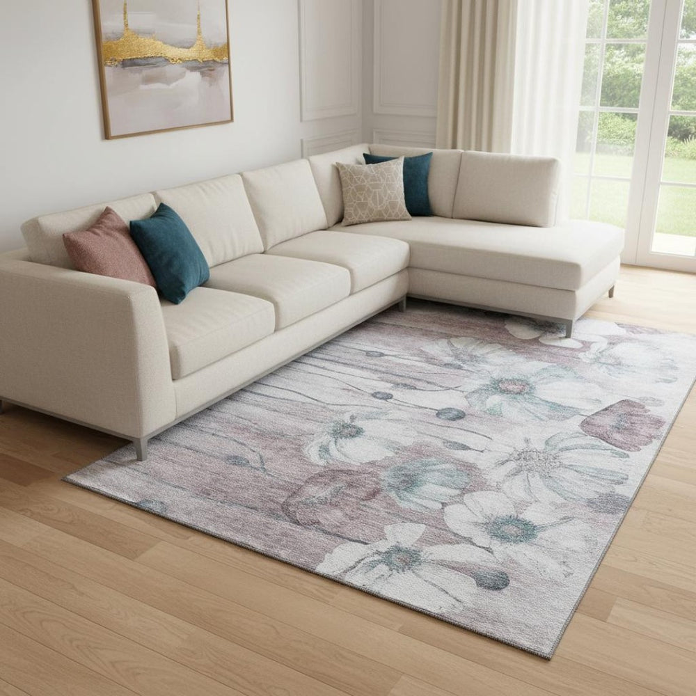 HomeRoots 8' X 10' Floral Washable Area Rug in Teal, Mauve & Ivory - UV Protected, Perfect for Busy Homes! 657327