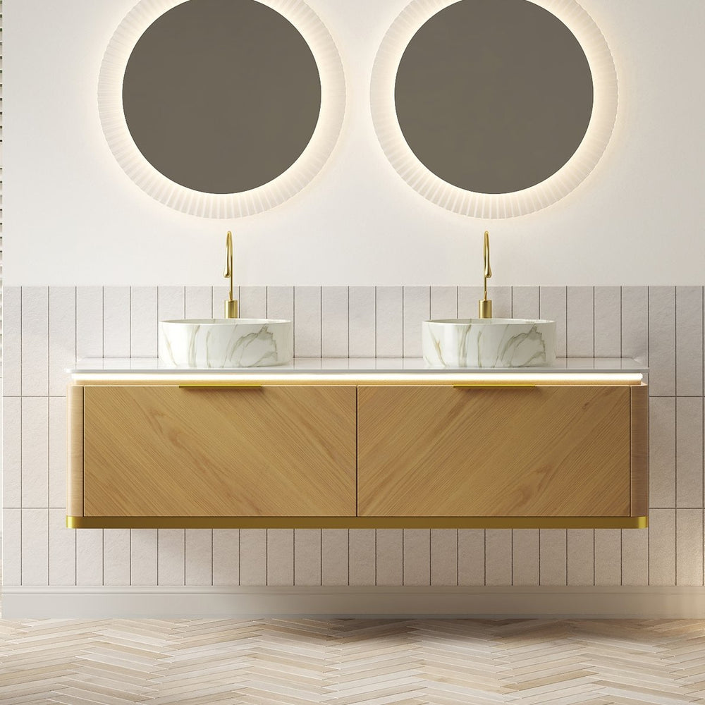 English Elm Dipa 60" Floating Bathroom Vanity Set With Dual Ceramic Sinks, Led Lights & Corolla Oak Finish W2615S00489