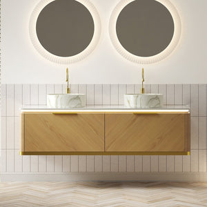 English Elm Dipa 60" Floating Bathroom Vanity Set With Dual Ceramic Sinks, Led Lights & Corolla Oak Finish W2615S00489